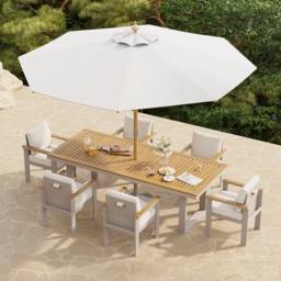 Tevara 8 Pieces Rectangle Wood & Aluminium Outdoor Patio Dining Set with Central Pillar Umbrella - thumbnail 1
