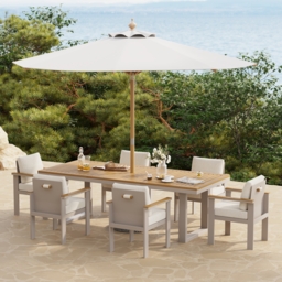 Tevara 8 Pieces Rectangle Wood & Aluminium Outdoor Patio Dining Set with Central Pillar Umbrella - thumbnail 2
