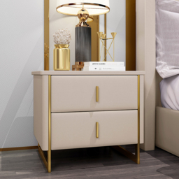 Modern Beige Bedside Table 2-Drawer Faux Leather Bedside Table in Gold