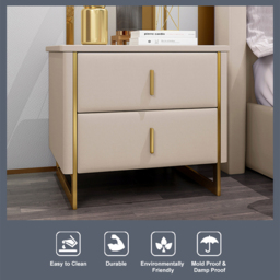 Modern Beige Bedside Table 2-Drawer Faux Leather Bedside Table in Gold - thumbnail 4