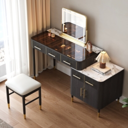 Glass Black Dressing Table with Chair with Lighted Mirror & Stool Mid-Century Modern Dressing Table with Top - thumbnail 1
