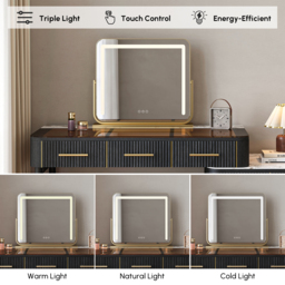Glass Black Dressing Table with Chair with Lighted Mirror & Stool Mid-Century Modern Dressing Table with Top - thumbnail 5