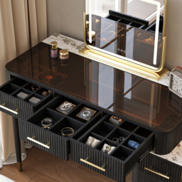 Glass Black Dressing Table with Chair with Lighted Mirror & Stool Mid-Century Modern Dressing Table with Top - thumbnail 9