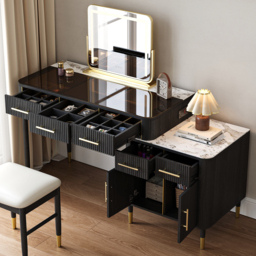 Glass Black Dressing Table with Chair with Lighted Mirror & Stool Mid-Century Modern Dressing Table with Top - thumbnail 2