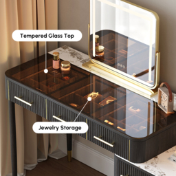 Glass Black Dressing Table with Chair with Lighted Mirror & Stool Mid-Century Modern Dressing Table with Top - thumbnail 6