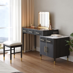 Glass Black Dressing Table with Chair with Lighted Mirror & Stool Mid-Century Modern Dressing Table with Top - thumbnail 4