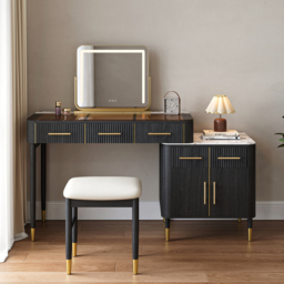 Glass Black Dressing Table with Chair with Lighted Mirror & Stool Mid-Century Modern Dressing Table with Top - thumbnail 3