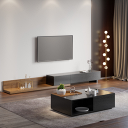 Rectangular Wood Extendable TV Stand Black and Walnut Floor Media Console with 3 Drawers - thumbnail 4