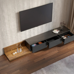 Rectangular Wood Extendable TV Stand Black and Walnut Floor Media Console with 3 Drawers - thumbnail 5