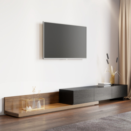 Rectangular Wood Extendable TV Stand Black and Walnut Floor Media Console with 3 Drawers - thumbnail 1