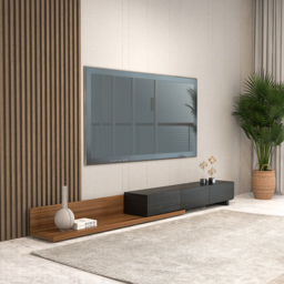 Rectangular Wood Extendable TV Stand Black and Walnut Floor Media Console with 3 Drawers - thumbnail 6