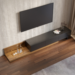 Rectangular Wood Extendable TV Stand Black and Walnut Floor Media Console with 3 Drawers - thumbnail 3