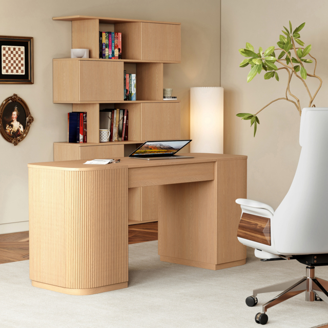 "Modern 60"" Natural Standing Office Desk & Sliding Door Etagere Bookshelf" - image 1