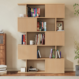 "Modern 60"" Natural Standing Office Desk & Sliding Door Etagere Bookshelf" - thumbnail 7