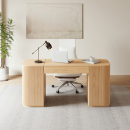 "Modern 60"" Natural Standing Office Desk & Sliding Door Etagere Bookshelf" - thumbnail 3