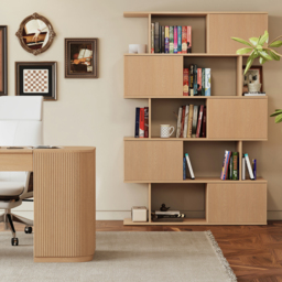 "Modern 60"" Natural Standing Office Desk & Sliding Door Etagere Bookshelf" - thumbnail 2