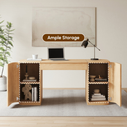 "Modern 60"" Natural Standing Office Desk & Sliding Door Etagere Bookshelf" - thumbnail 4