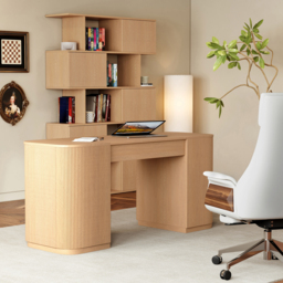 "Modern 60"" Natural Standing Office Desk & Sliding Door Etagere Bookshelf" - thumbnail 1