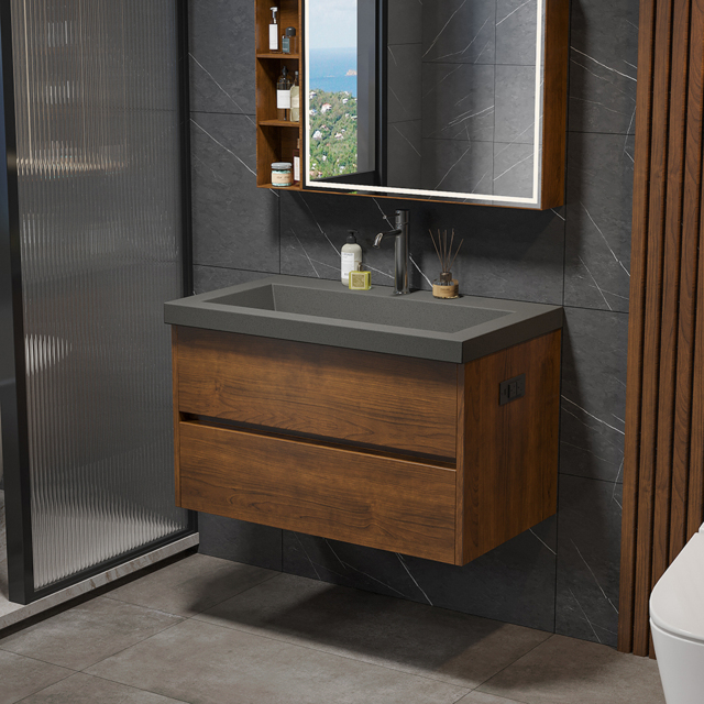 "31.5"" Floating Bathroom Vanity Wall Mounted Concrete  with Single Sink & Charging Station in Walnut" - image 1