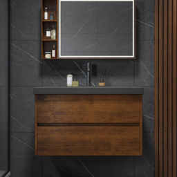 "31.5"" Floating Bathroom Vanity Wall Mounted Concrete  with Single Sink & Charging Station in Walnut" - thumbnail 2
