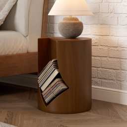 Modern Small Walnut Side Table with Open Storage Round End Table Bedside Table - thumbnail 5