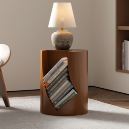 Modern Small Walnut Side Table with Open Storage Round End Table Bedside Table - thumbnail 6