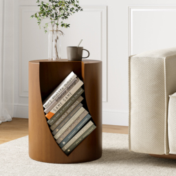 Modern Small Walnut Side Table with Open Storage Round End Table Bedside Table