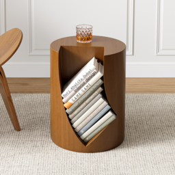 Modern Small Walnut Side Table with Open Storage Round End Table Bedside Table - thumbnail 2