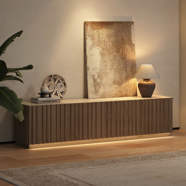 Aura 210 cm Mid-Century Modern Ash Wood Slatted Natural TV Stand with Travertine Veneer Top - image 1