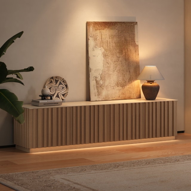 Aura 210 cm Mid-Century Modern Ash Wood Slatted Natural TV Stand with Travertine Veneer Top - image 1