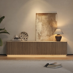 Aura 210 cm Mid-Century Modern Ash Wood Slatted Natural TV Stand with Travertine Veneer Top - thumbnail 2