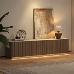 Aura 210 cm Mid-Century Modern Ash Wood Slatted Natural TV Stand with Travertine Veneer Top - thumbnail 1
