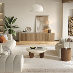 Aura 210 cm Mid-Century Modern Ash Wood Slatted Natural TV Stand with Travertine Veneer Top - thumbnail 6