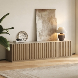 Aura 210 cm Mid-Century Modern Ash Wood Slatted Natural TV Stand with Travertine Veneer Top - thumbnail 3