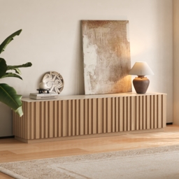 Aura 210 cm Mid-Century Modern Ash Wood Slatted Natural TV Stand with Travertine Veneer Top - thumbnail 3
