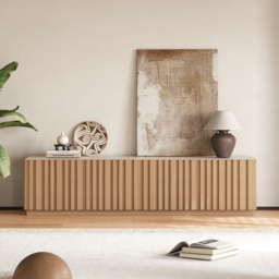 Aura 210 cm Mid-Century Modern Ash Wood Slatted Natural TV Stand with Travertine Veneer Top - thumbnail 4