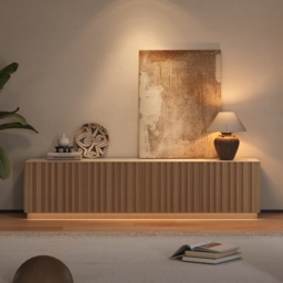 Aura 210 cm Mid-Century Modern Ash Wood Slatted Natural TV Stand with Travertine Veneer Top - thumbnail 2