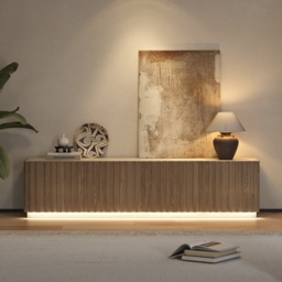 Aura 210 cm Mid-Century Modern Ash Wood Slatted Natural TV Stand with Travertine Veneer Top - thumbnail 8