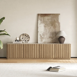 Aura 210 cm Mid-Century Modern Ash Wood Slatted Natural TV Stand with Travertine Veneer Top - thumbnail 4