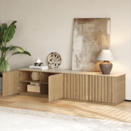 Aura 210 cm Mid-Century Modern Ash Wood Slatted Natural TV Stand with Travertine Veneer Top - thumbnail 9
