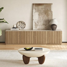 Aura 210 cm Mid-Century Modern Ash Wood Slatted Natural TV Stand with Travertine Veneer Top - thumbnail 7
