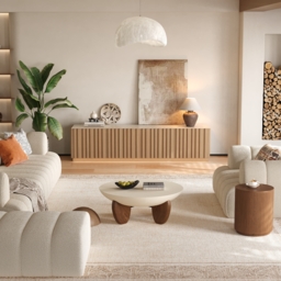 Aura 210 cm Mid-Century Modern Ash Wood Slatted Natural TV Stand with Travertine Veneer Top - thumbnail 5