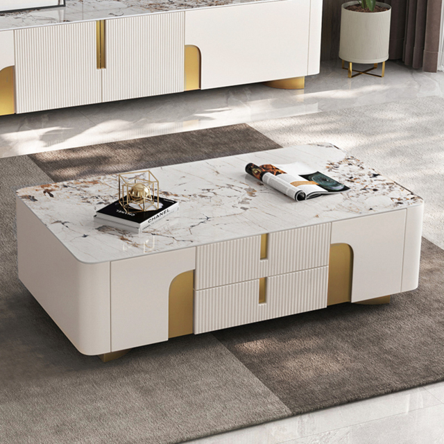 Artis Modern Beige Rectangle Large Coffee Table Drawers Sintered Stone Gold Base - image 1