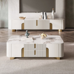 Artis Modern Beige Rectangle Large Coffee Table Drawers Sintered Stone Gold Base - thumbnail 4