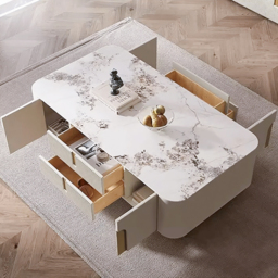 Artis Modern Beige Rectangle Large Coffee Table Drawers Sintered Stone Gold Base - thumbnail 7