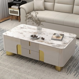 Artis Modern Beige Rectangle Large Coffee Table Drawers Sintered Stone Gold Base - thumbnail 2