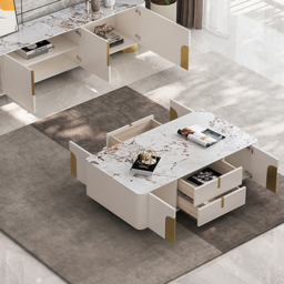 Artis Modern Beige Rectangle Large Coffee Table Drawers Sintered Stone Gold Base - thumbnail 5