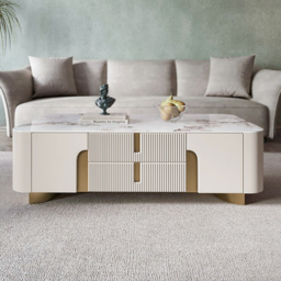 Artis Modern Beige Rectangle Large Coffee Table Drawers Sintered Stone Gold Base - thumbnail 6