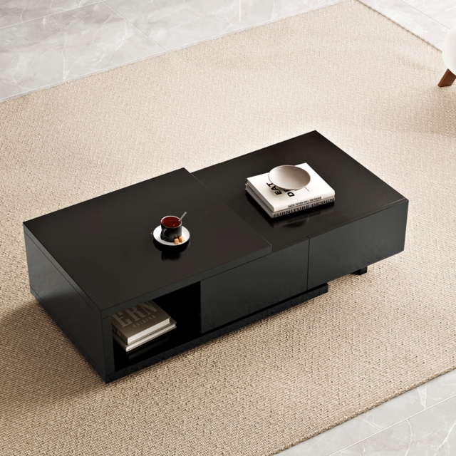 Quoint 1750mm Modern Black Coffee Table Retracted & Extendable with 2-Drawer - image 1