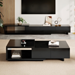 Quoint 1750mm Modern Black Coffee Table Retracted & Extendable with 2-Drawer - thumbnail 3